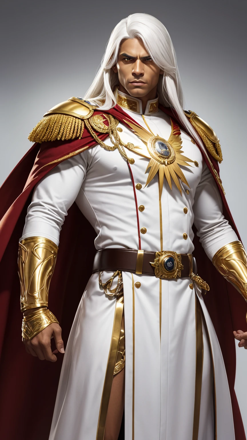 A brown-skinned man Long, straight white hair Piercing Yellow eyes wearing an impeccable white military uniform with gold details with a flowing red cape draping the shoulders with a golden belt at the waist with white gloves on the hands completely confident and Slightly arrogant that conveys an aura of power and authority