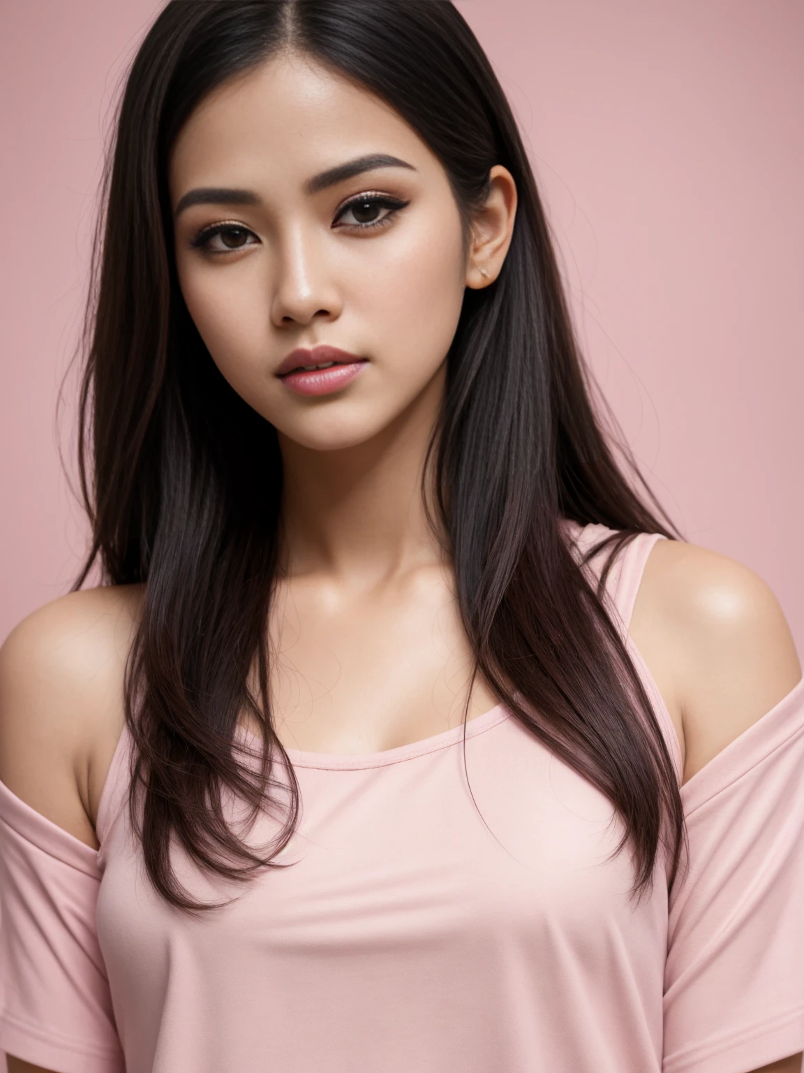 pink background, hyper realistic lifelike texture dramatic lighting unreal engine trending on art station, award winning photo, nikon RAW photo,8 k, Fujifilm XT3,masterpiece, best quality, realistic, photorealistic, ultra detailed, extremely detailed face, solo,1 Indian girl, standing, fashionable and trendy atmosphere, high-end makeup products, and a stylish expression on her face, close up, pink t-shirt, closed mouth, closed lips, looking at viewer,