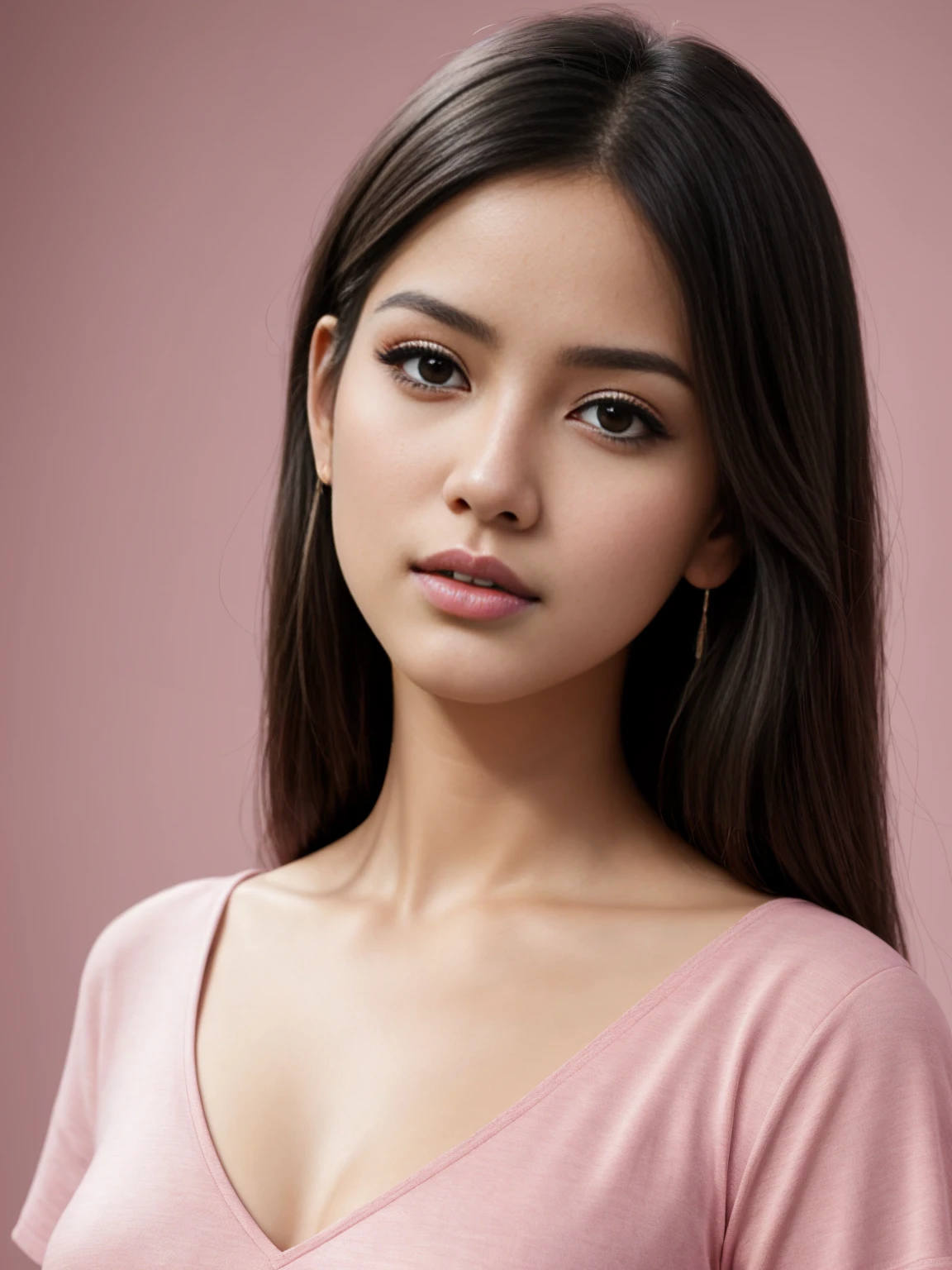 pink background, hyper realistic lifelike texture dramatic lighting unreal engine trending on art station, award winning photo, nikon RAW photo,8 k, Fujifilm XT3,masterpiece, best quality, realistic, photorealistic, ultra detailed, extremely detailed face, solo,1 Indian girl, standing, fashionable and trendy atmosphere, high-end makeup products, and a stylish expression on her face, close up, pink t-shirt, closed mouth, closed lips, looking at viewer,