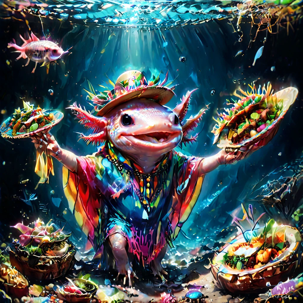 (masterpiece:1.5) axomdel2, A happy axolotl wearing sombrero and poncho, with details of tacos