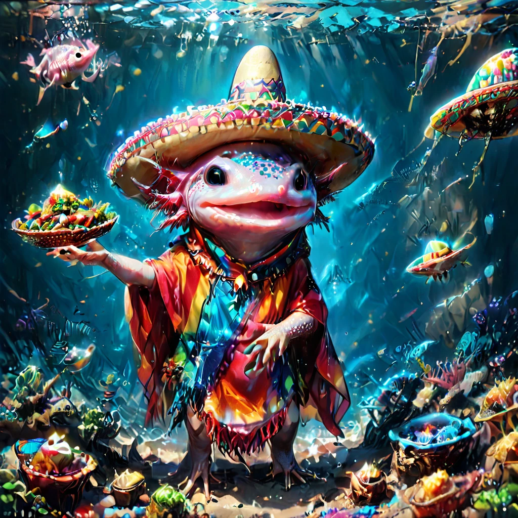 (masterpiece:1.5) axomdel2, A happy axolotl wearing sombrero and poncho, with details of tacos