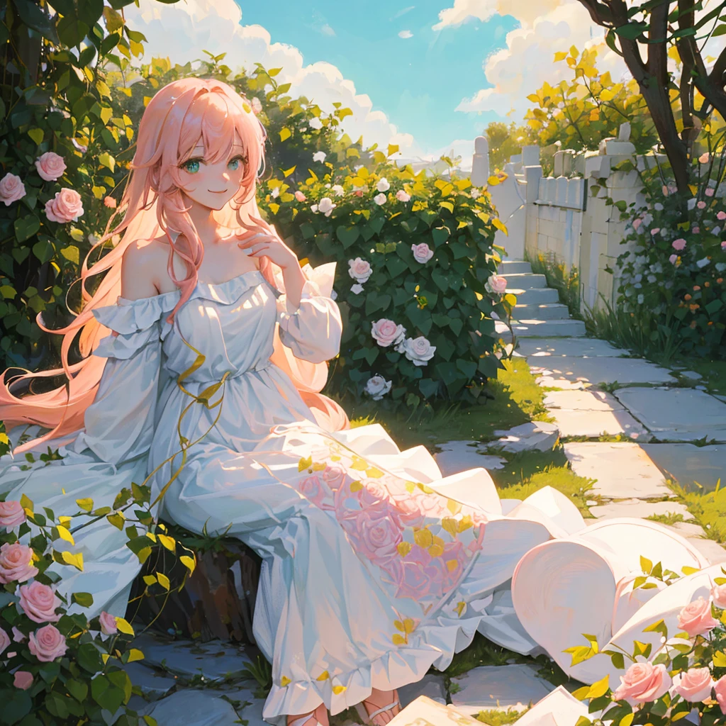 Portrait of a beautiful girl, v-line chin, long loose hair, light pink hair with a hint of light orange, no decorative accessories on her hair, light emerald green eyes with a hint of yellow morning, smiling, sitting in the rose garden, wearing a simple white off-the-shoulder dress
