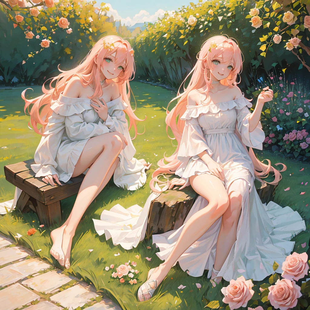 Portrait of a beautiful girl, v-line chin, long loose hair, light pink hair with a hint of light orange, no decorative accessories on her hair, light emerald green eyes with a hint of yellow morning, smiling, sitting in the rose garden, wearing a simple white off-the-shoulder dress 