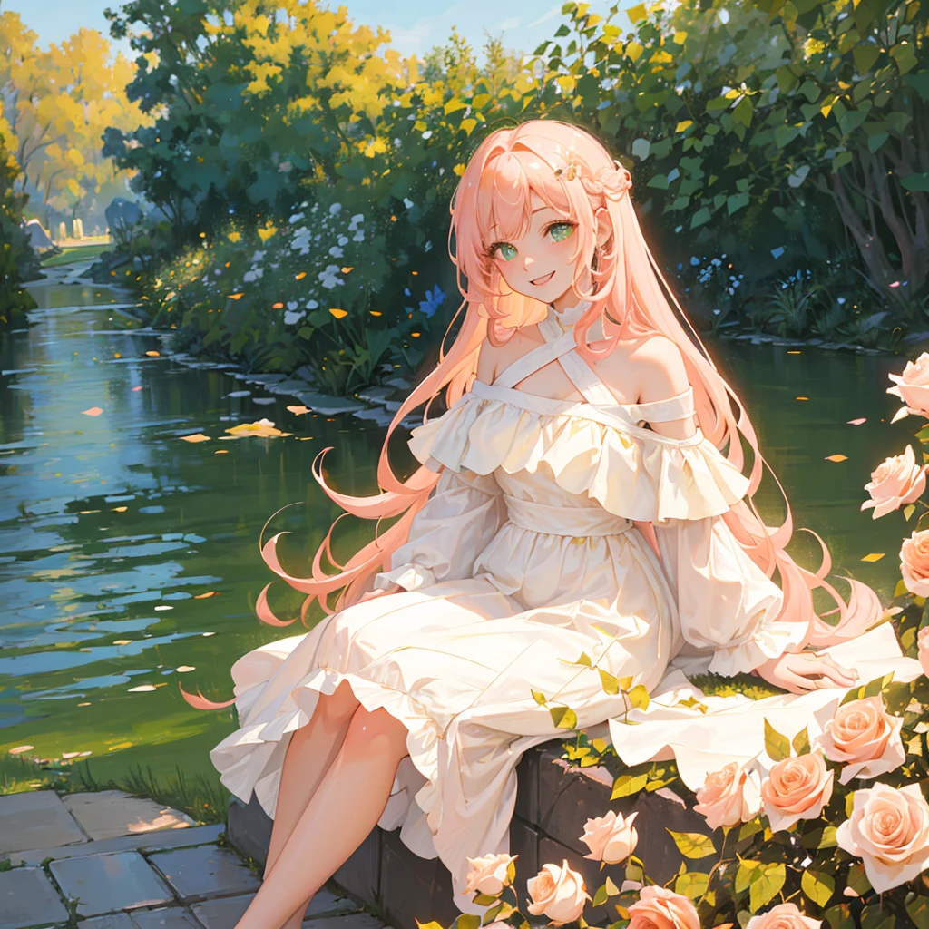 1female, Pink Hair, Green Ball Gown, Curly Hair, White Heels, Elegant Attire, Brown Eyes, Smiling, , High Ranker, Adult Female, Garden, Sitting by a Fountain
