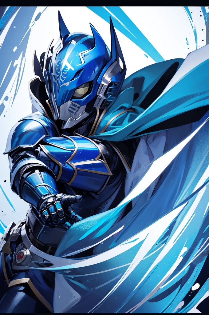 holding_handgun,knight,Blue Cape, Kamen Rider Style,fish emblem,{masterpiece},{best quality},{super detailed},{super fine illustration},beautiful background,perfect hands,perfect face,ass pov,dynamic angle,