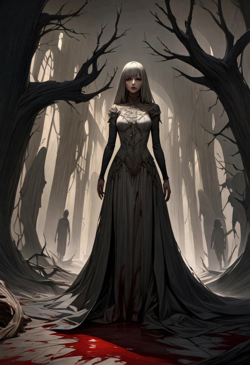(best quality,4k,8k,highres,masterpiece:1.2),ultra-detailed,(realistic,photorealistic,photo-realistic:1.37),dark,monochromatic,horror,concept artists,God of madness, fear and despair, angst,Verzweiflung,gothic,fear,ominous,ominous atmosphere,dramatic lighting,hallucinations,intense emotions,haunting presence,nightmare, dark fantasy, unreal, horror.
medium: oil painting.
Additional details: creepy figures in the background, swirling mist, twisted trees, decaying ruins, ghostly shadows, eerie silence, unsettling facial expressions, broken dolls, crawling insects, bloodstained walls, cobwebs, flickering candlelight, shattered mirrors, skeletal hands, macabre symbols.
Color tone: dark and gloomy with deep shadows and highlights of blood red.
Lighting: dim and uneven, casting long, sinister shadows.