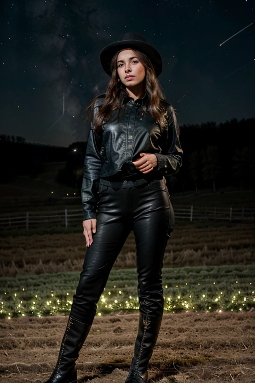Kale, beautiful girl, cowboy hat, funny fingers, high resolution, in a skin-tight black outfit, natta, starry dark sky, play guitar, field with lights, hyper detail, dramatic light, full body light, farm, farm, with animals.