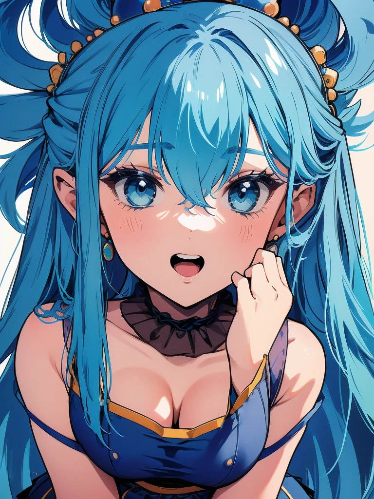 Best Image Quality, 8 k, high quality, masterpiece:1.2), ((masterpiece)), (high detail, high quality, Best Image Quality), solo, 1 girl, Konosuba ,aqua, blue hair, Blue eyes, detailed face, Broad smile,open mouth, looks at the viewer, detailed clothing, detailed fabric, see-through underwear, skirt, Hair rings, big breasts, middle thighs, Bedroom