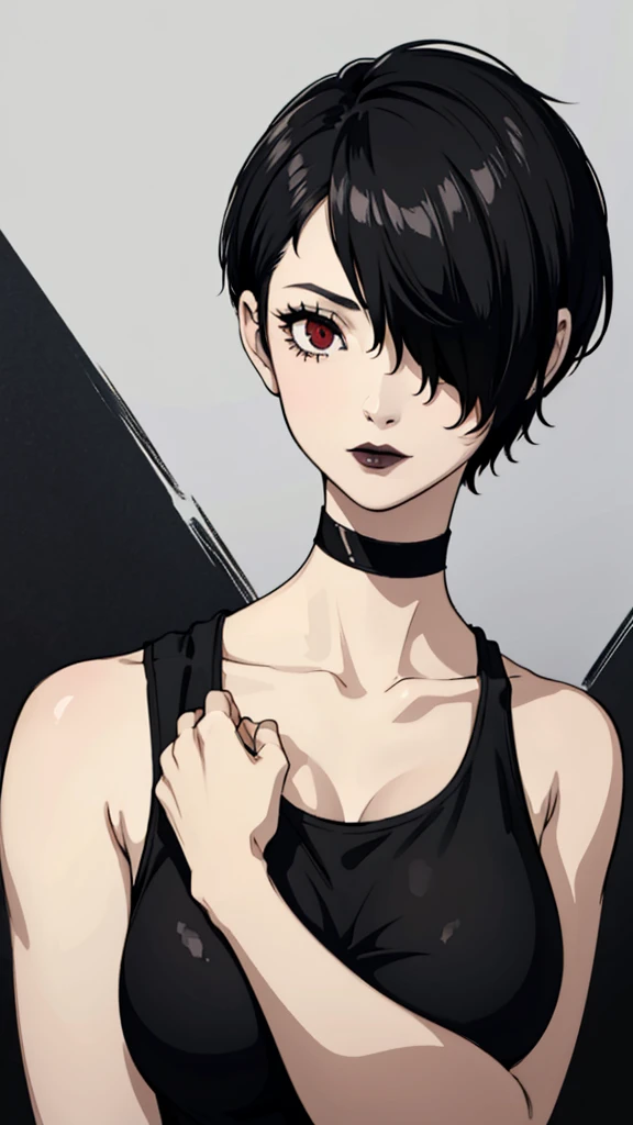 1 girl, red eyes, very Short hair, black choker,black lipstick, black lipstick, portrait, shy, black hair, huge breast, tank top, tomboy Pixie haircut, hair over one eye