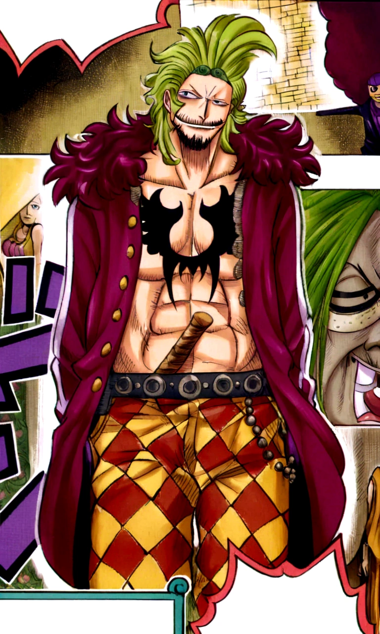 a cartoon of a man with green hair and a green wig, colored manga scan, colored sleeve, in one piece, estilo visual manga full color, colored sleeve art, estilo in one piece, god brando, colored sleeve panel, the joker looks like naruto, sanji, inspired by Eiichiro Oda, full color, shanks le roux retrato, estilo artístico in one piece, raise your right arm and show yourself with a smile