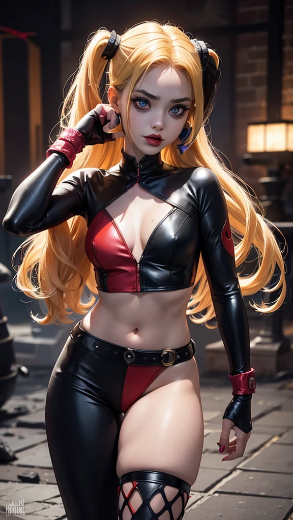 Harley Quinn, mujer sexy,dc comics,small,harlequin costume, red and black, vestida con un traje de arlequín color rojo y negro, carta de corazones rojos, carta de joker, joven, super skynny body, small and beautiful buttocks, abdomen tonificado, senos pequeños y hermosos, guantes, botas, pose sexy, malevolent, obscena, poderosa, super sensual, cuerpo completo, Dramatic background, en el fondo esta Arkham Asylum en llamas, apocalyptic atmosphere, joker, mirada sensual, ojos azules y hermosos, classic two pigtails hairstyle,Hair dyed in bright blonde color, Best quality,4K,8K,A high resolution,Masterpiece,Ultra detailed,Realistic, Photorealistic,photo realistic