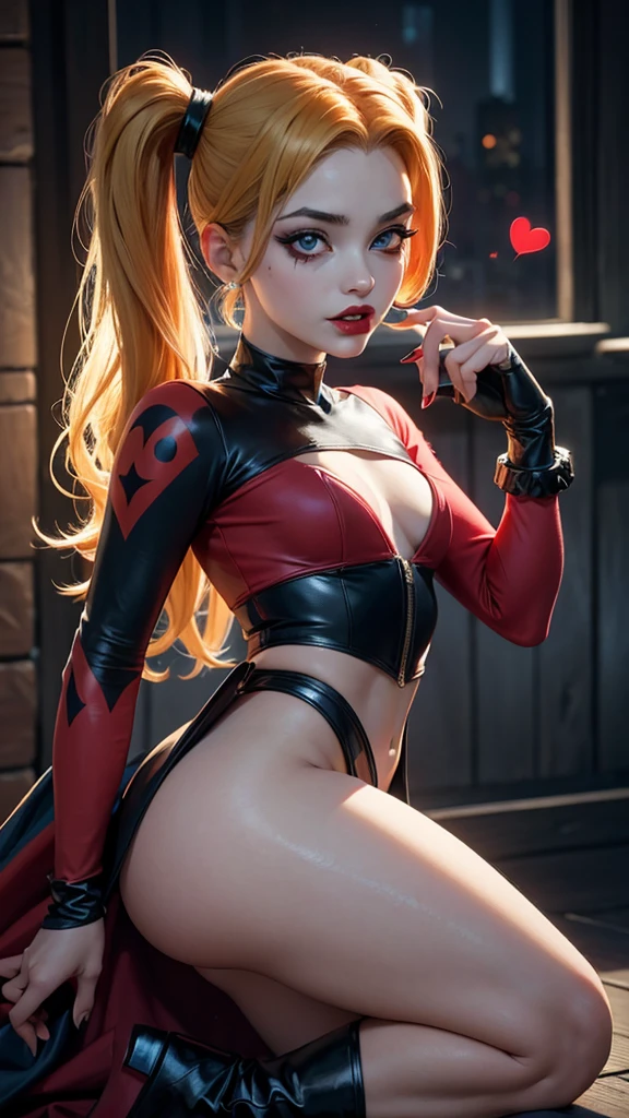 Harley Quinn, mujer sexy,dc comics,small,harlequin costume, red and black, vestida con un traje de arlequín color rojo y negro, carta de corazones rojos, carta de joker, joven, super skynny body, small and beautiful buttocks, abdomen tonificado, senos pequeños y hermosos, guantes, botas, pose sexy, malevolent, obscena, poderosa, super sensual, cuerpo completo, Dramatic background, en el fondo esta Arkham Asylum en llamas, apocalyptic atmosphere, joker, mirada sensual, ojos azules y hermosos, classic two pigtails hairstyle,Hair dyed in bright blonde color, Best quality,4K,8K,A high resolution,Masterpiece,Ultra detailed,Realistic, Photorealistic,photo realistic