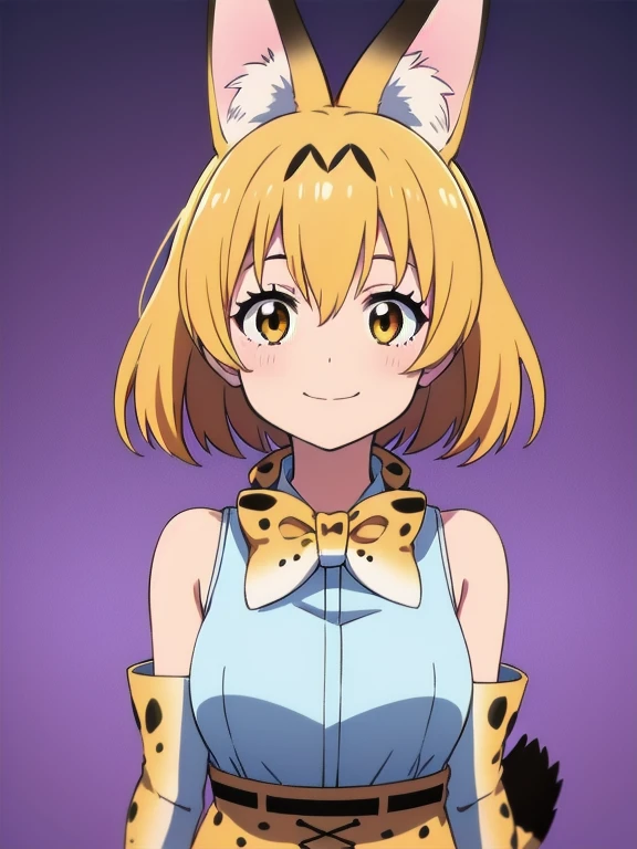 SERVAL, ANIMAL EARS, SHORT HAIR, SERVAL PRINT, TAIL, GLOVES, SHIRT, BOW, BOWTIE, ELBOW GLOVES, PRINT BOW, PRINT BOWTIE, SLEEVELESS, SKIRT, WHITE SHIRT, SLEEVELESS SHIRT, BARE SHOULDERS, 1girl, solo, facing viewer, looking at viewer, upper body, smile