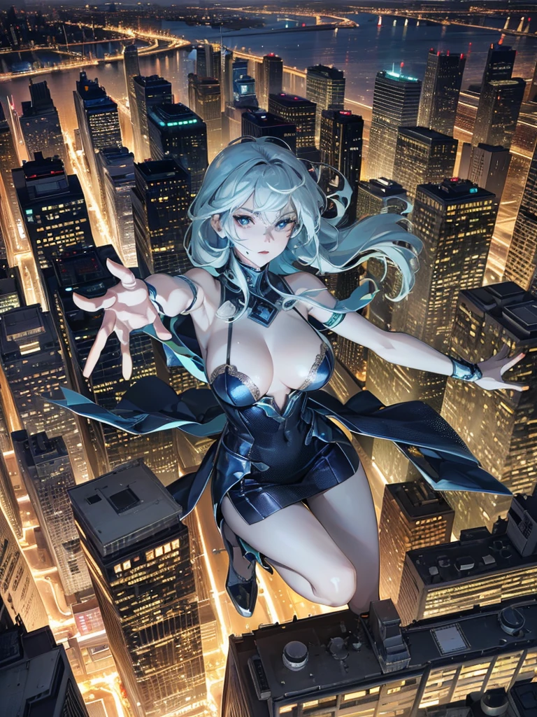 amazing lightning bolt beautiful woman, blue color, extremely huge bust, running on the empty street, luminous, reflective, hyper detailed, trending on artstation, intricate details, highly detailed, background big city with skyscrapers at night, super detail, ultra realistic, cinematic lighting, amazing, best color, perfect image high flying aerial top down view, photorealistic, a sprawling cityscape emerges, adorned with towering skyscrapers, photograph, advanced technology and bustling activity create a sense of awe and wonder, at night, super detail, ultra realistic, cinematic lighting, amazing, best color, perfect image perspective, by DamShelma