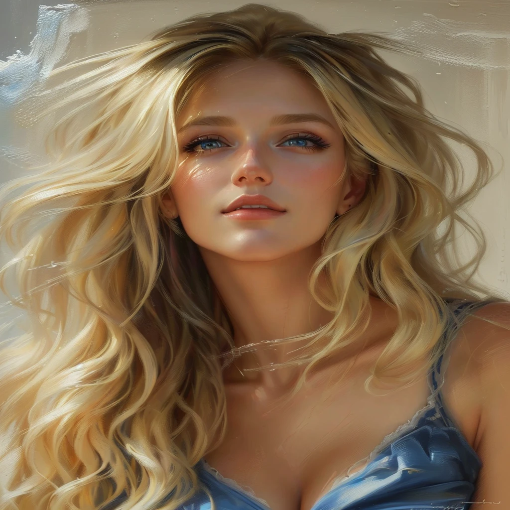 a close up of a woman with long blonde hair wearing a blue dress, beautiful realistic painting, ultra realistic oil painting, Beautiful blonde girl, realistic oil painting, ultra realistic digital painting, photorealistic oil painting, ultrarealistic oil painting, photorealistic digital painting, realistic woman oil painting, realistic painting of beautiful girl, realistic oil paint, hyper-realistic oil painting