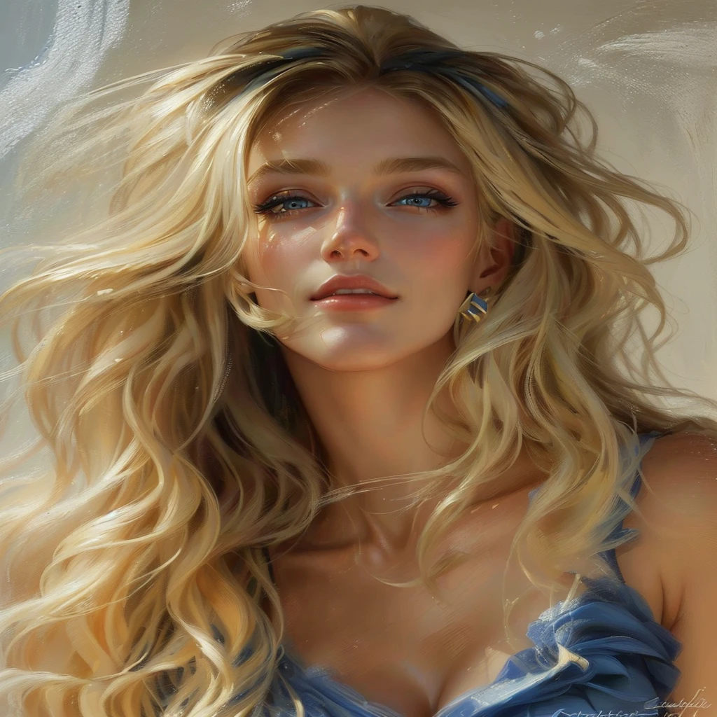 a close up of a woman with long blonde hair wearing a blue dress, beautiful realistic painting, ultra realistic oil painting, Beautiful blonde girl, realistic oil painting, ultra realistic digital painting, photorealistic oil painting, ultrarealistic oil painting, photorealistic digital painting, realistic woman oil painting, realistic painting of beautiful girl, realistic oil paint, hyper-realistic oil painting