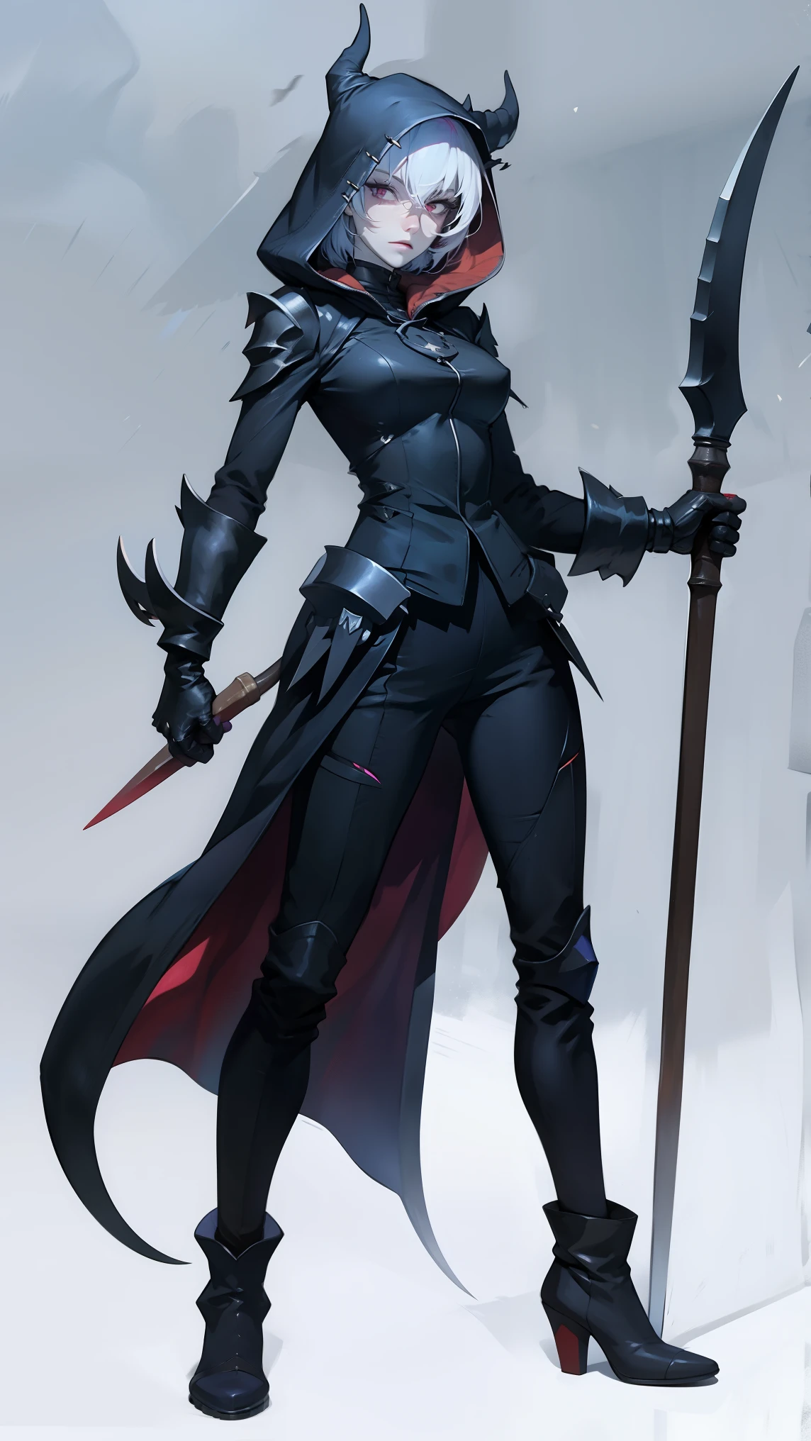 Full body like, Girl, light blue hair, black clothes, Hood, shadow face, reaper, holding a Death Scythe, action pose, ghibli studio landscape, studio ghibli background, full body portrait, best quality, detailed eyes, eldritchtech, cosmic, dark energy, eldritchtech, cosmic, aqua and pink details, Modern anime style, dark ambience