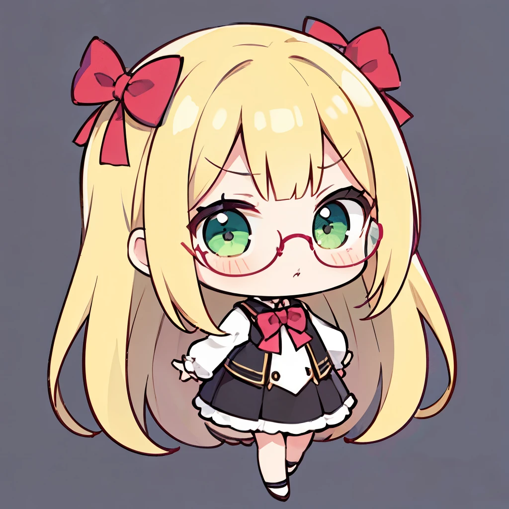 1girl, (chibi:1.4),  upper body, standing, blonde hair, glasses, pink bow, pouting, green eyes, long hair, full body