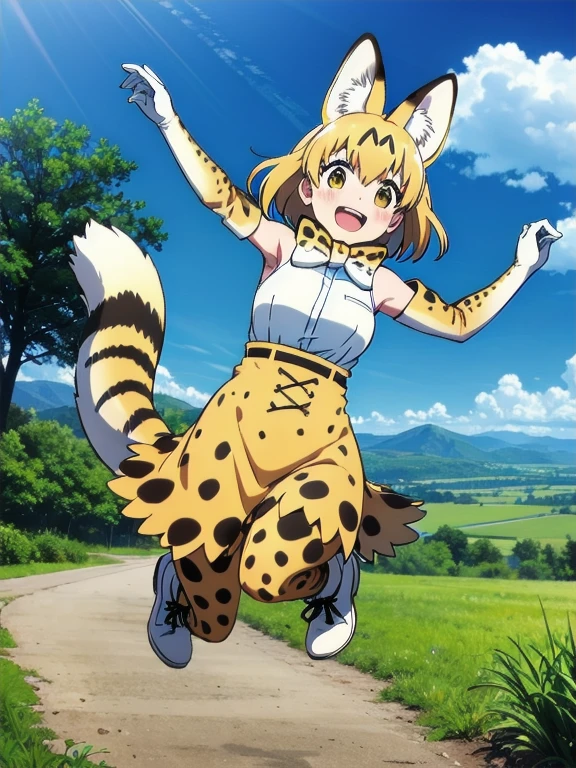 (masterpiece, best quality), serval (kemono friends), 1 girl, solo, breasts, looking at viewer, blush, smile, green eys, open mouth,short hair, blonde hair, multi colored hair, jumping ,bangs, skirt, grass land, trees , mountain , shirt, thighhighs, gloves, bow, animal ears, bare shoulders, tail, full body, white shirt, :d, boots, sleeveless, elbow gloves, bowtie, armpits, sketch, sleeveless shirt, white footwear, white bow, extra ears, high-waist skirt, white bowtie, serval print, print skirt, print bow, print gloves, striped tail, print bowtie, two-tone bowtie