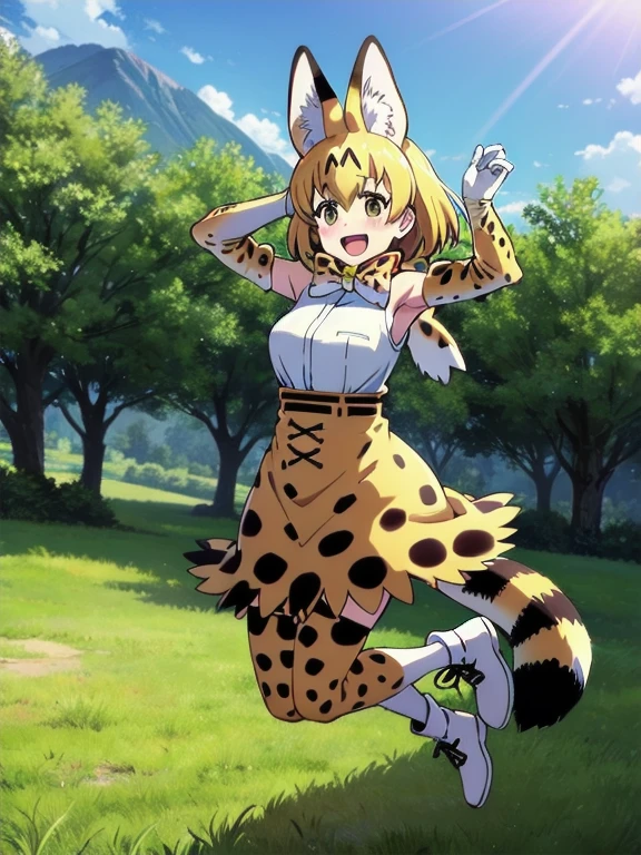  (masterpiece, best quality), serval (kemono friends), 1 girl, solo, breasts, looking at viewer, blush, smile, green eys, open mouth,short hair,  blonde hair, multi colored hair, jumping ,bangs, skirt, grass land, trees , mountain , shirt, thighhighs, gloves, bow, animal ears, bare shoulders,  tail, full body, white shirt, :d, boots, sleeveless, elbow gloves, bowtie, armpits, sketch, sleeveless shirt, white footwear,  white bow, extra ears, high-waist skirt, white bowtie, serval print, print skirt, print bow, print gloves, striped tail, print bowtie, two-tone bowtie
