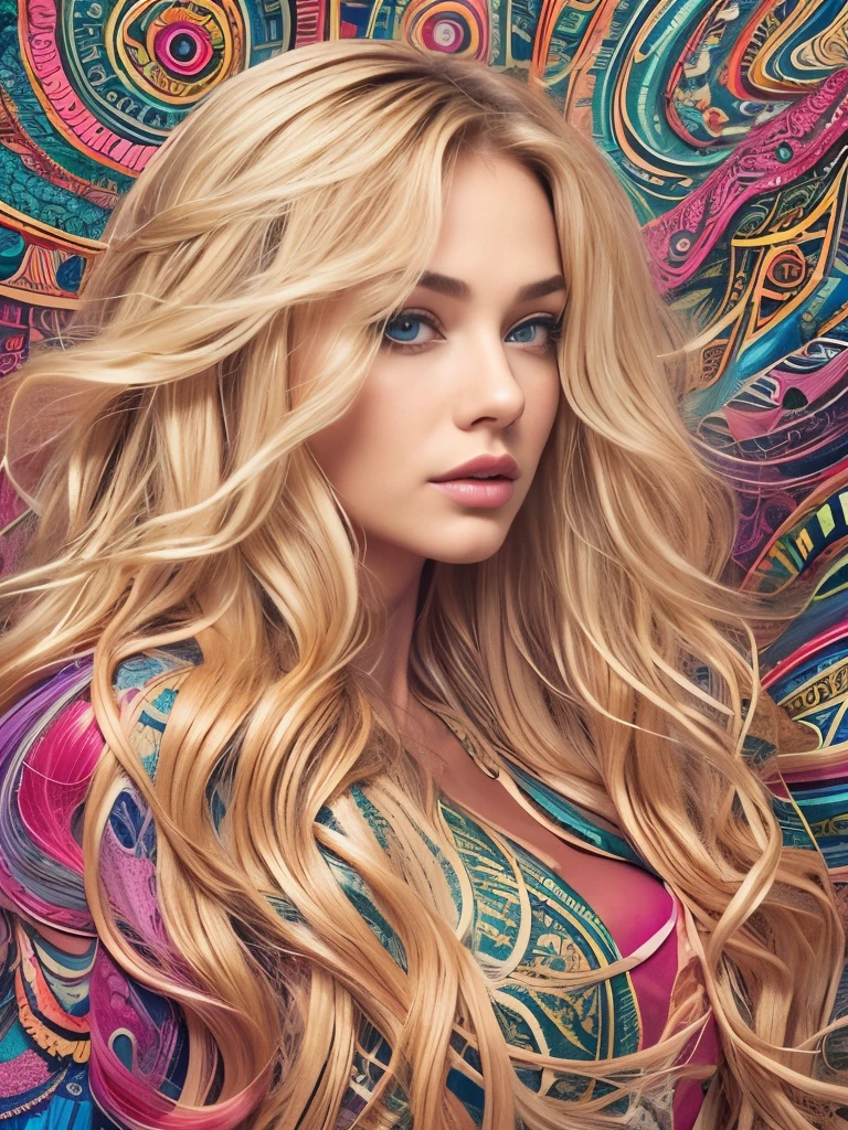 ((masterpiece:1.2, best quality)), ultra detailed, Ultra-precise depiction, Ultra-detailed depiction, (zentangle:1.2), (dynamic pose), (abstract background:1.5), wavy long hair, blonde hair, 1 ultra hot gorgeous European woman. Age 23. colorful, portrait, (from above:1.2)