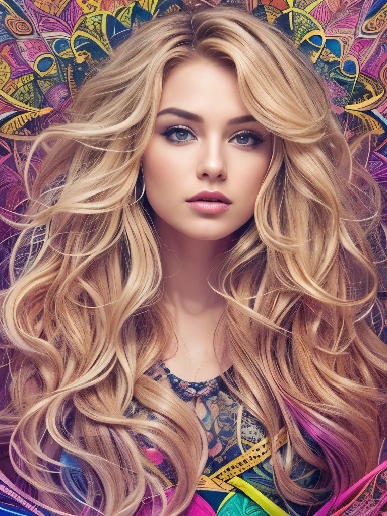 ((masterpiece:1.2, best quality)), ultra detailed, Ultra-precise depiction, Ultra-detailed depiction, (zentangle:1.2), (dynamic pose), (abstract background:1.5), wavy long hair, blonde hair, 1 ultra hot gorgeous European woman. Age 23. colorful, portrait, (from above:1.2)