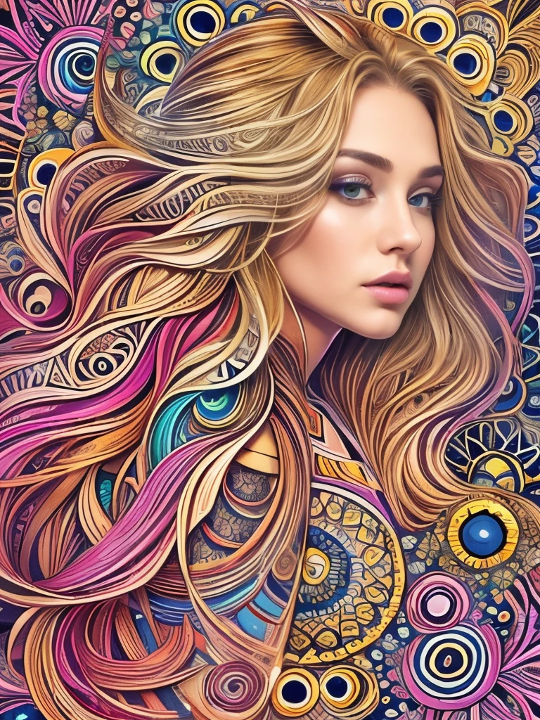 ((masterpiece:1.2, best quality)), ultra detailed, Ultra-precise depiction, Ultra-detailed depiction, (zentangle:1.2), (dynamic pose), (abstract background:1.5), wavy long hair, blonde hair, 1 ultra hot gorgeous European woman. Age 23. colorful, portrait, (from above:1.2)