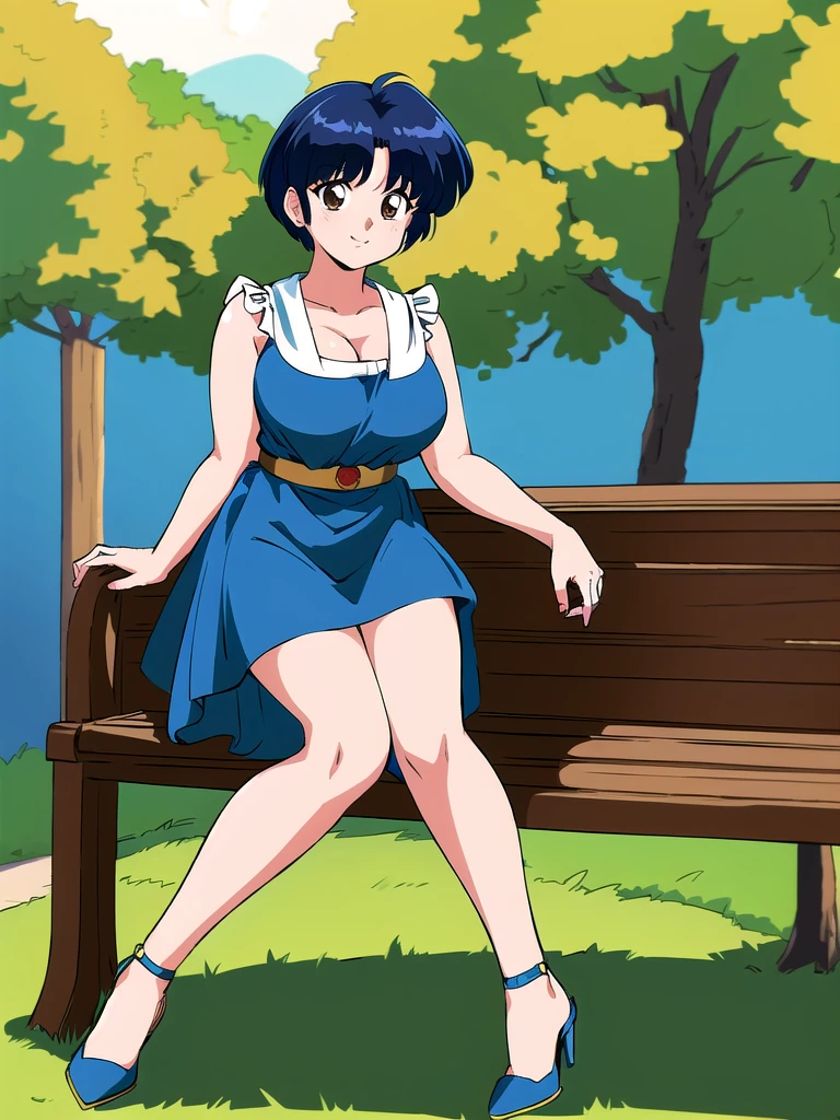HDR, CG, sharp focus, (8k), (4k), masterpiece, best quality, detailed skin, extremely detailed, hiper detailed, sharp focus, looking at viewer, high quality, AKANE, Akane tendou, short hair, blue hair, brown eyes ,curtain pelvic DRESS, tetas grandes bush, solo, 1girl, sit on bench, park background, hands on chest, heels, white dress, cute smile,