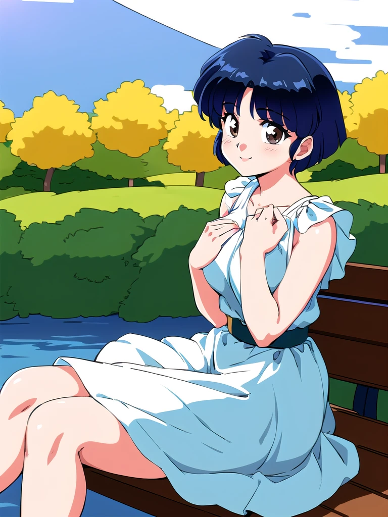 HDR, CG, sharp focus, (8k), (4k), masterpiece, best quality, detailed skin, extremely detailed, hiper detailed, sharp focus, looking at viewer, high quality, AKANE, Akane tendou, short hair, blue hair, brown eyes ,curtain pelvic DRESS, tetas grandes bush, solo, 1girl, sit on bench, park background, hands on chest, heels, white dress, cute smile,