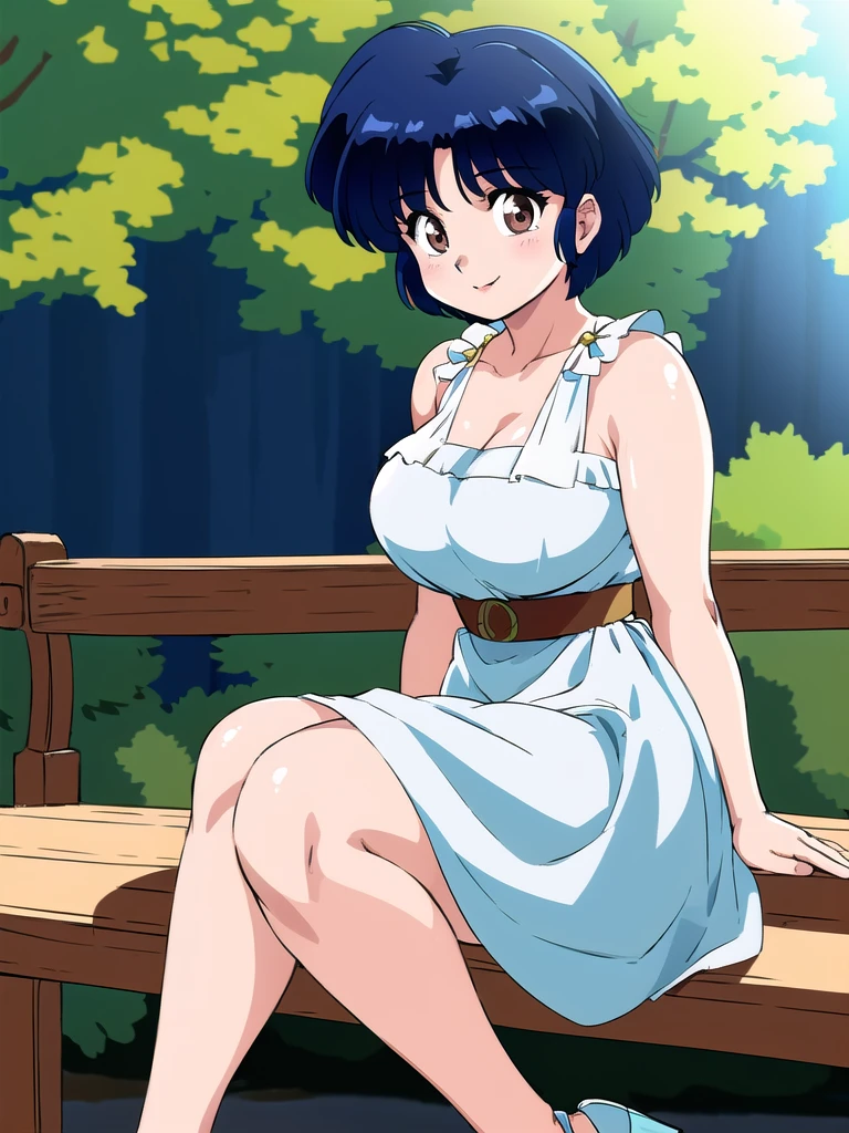 HDR, CG, sharp focus, (8k), (4k), masterpiece, best quality, detailed skin, extremely detailed, hiper detailed, sharp focus, looking at viewer, high quality, AKANE, Akane tendou, short hair, blue hair, brown eyes ,curtain pelvic DRESS, tetas grandes bush, solo, 1girl, sit on bench, park background, hands on chest, heels, white dress, cute smile,