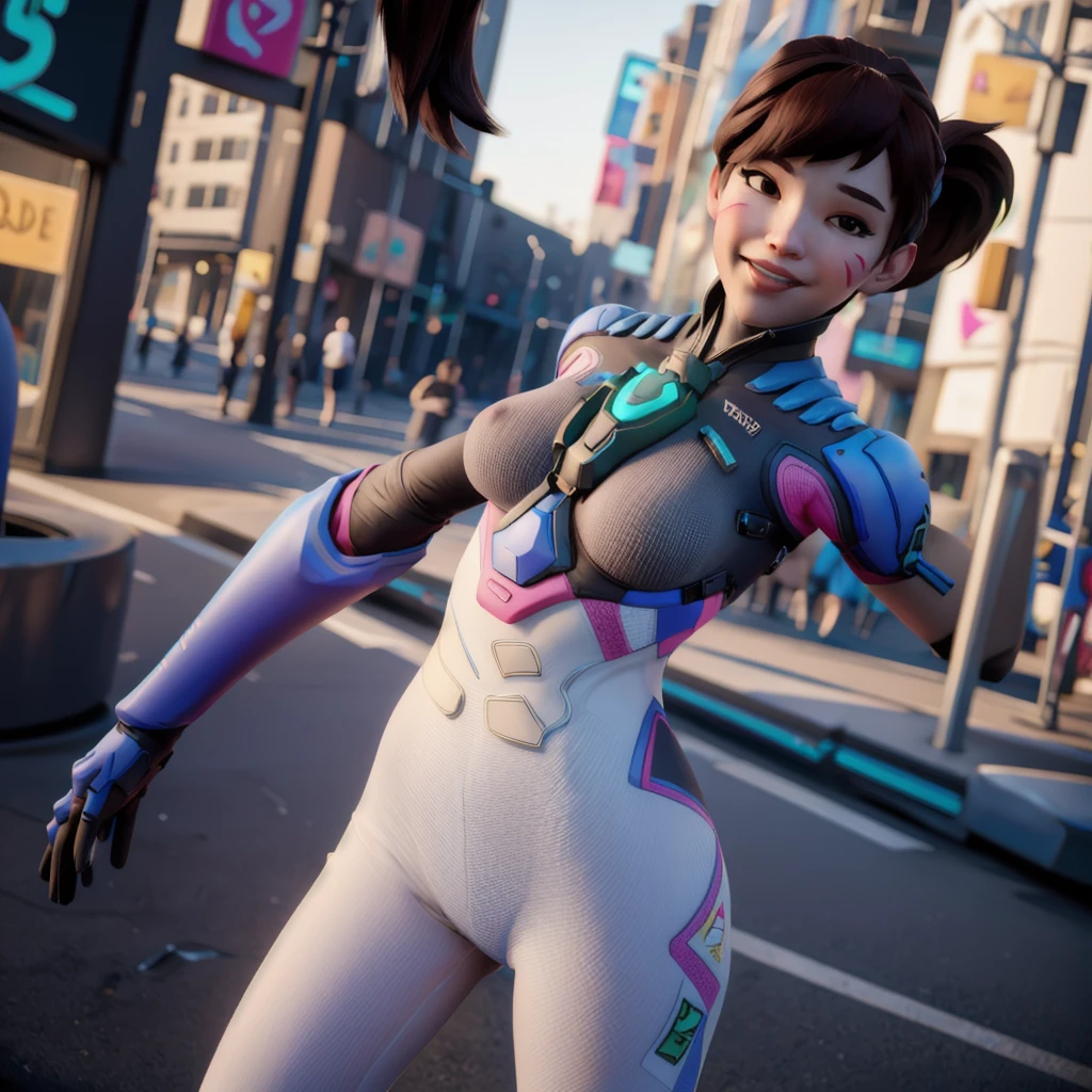DVA from Overwatch without her mech, a woman with short brown hair in a ponytail,she stands in Busan Korea, high quality refelctions, volumetric lighting, she is wearing her classic thin tight figure hugging stretchy pink white and blue full bodysuit, soft simple plain sport bodysuit, the bodysuits is like a yoga outfit, she stands on the street, (1 girl solo), cinematic lighting, high resolution, physically-based rendering, 8k, volumetric lighting, hyperrealistic, detailed facial features, masterpiece, full upper body, city in background, cinematic,she has very small breasts, flat  breasts  , the focus is on her whole body and the environment, cinematic screenshot, you can see the whole environment and her standing on the street, the picture has a very soft look at soft textures, cute smile, her arms are on her side, DVA is posing and does a peace symbol with her fingers, woman body, no bra, 1 person, 1 head, Overwatch cinematic graphic style