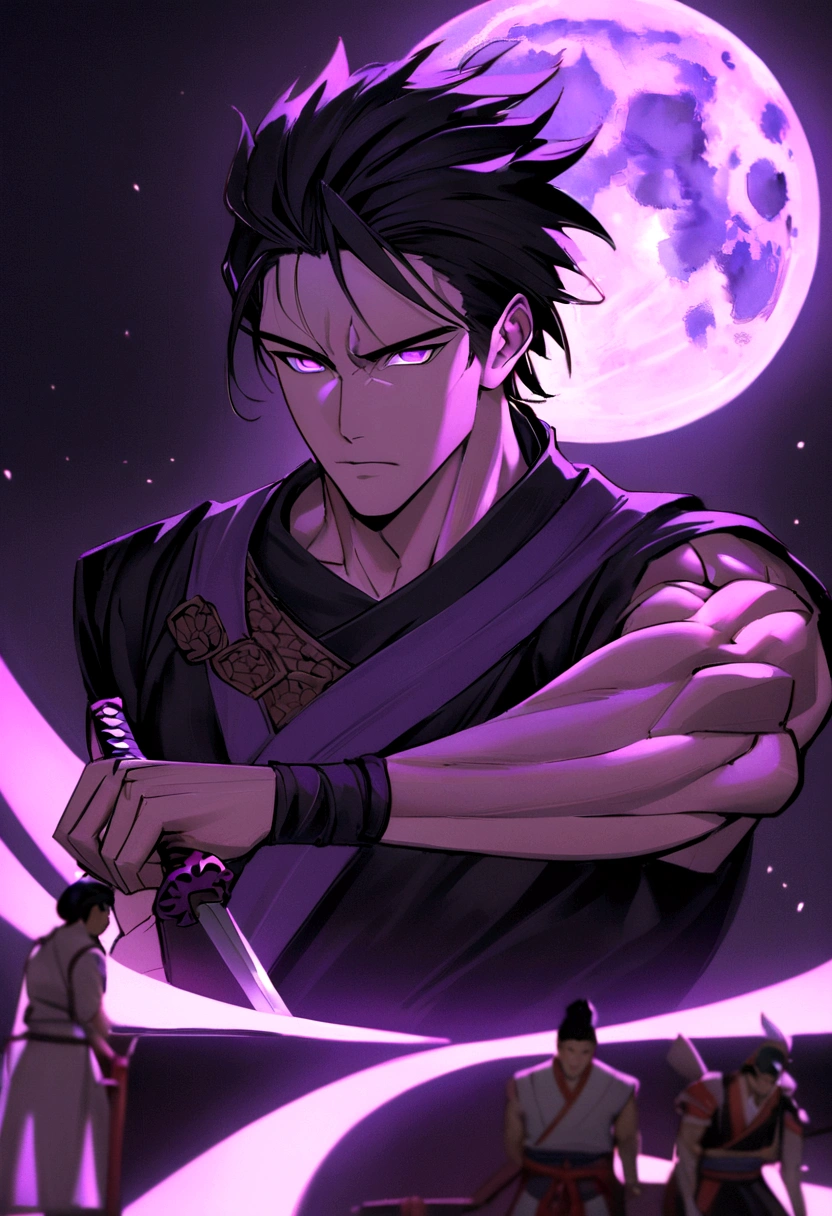 Muscular handsome male with long black hair and purple tips and deep vibrant purple eyes, swordsman, welding a black and purple katana, Japan culture warrior clothing (black purple and grey) detailed, detailed face with focusing expression, light scars on side chin, purple fire/lighting area around figure, moon lighting,