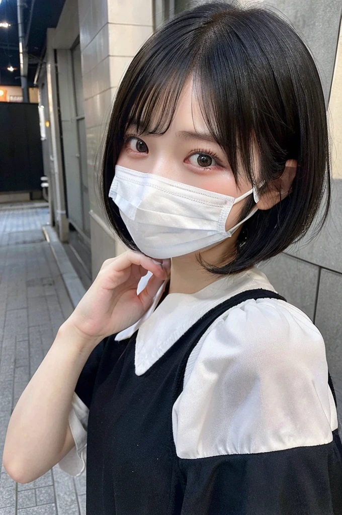 high resolution、8K、Bobcut、girl、Medium length、可愛いgirl、Japanese Idols、Age 25、Black Hair、beauty、Young Japanese Woman、Detailed、Highest quality、Black clothes、Boyish clothes、Wearing a white mask、university student