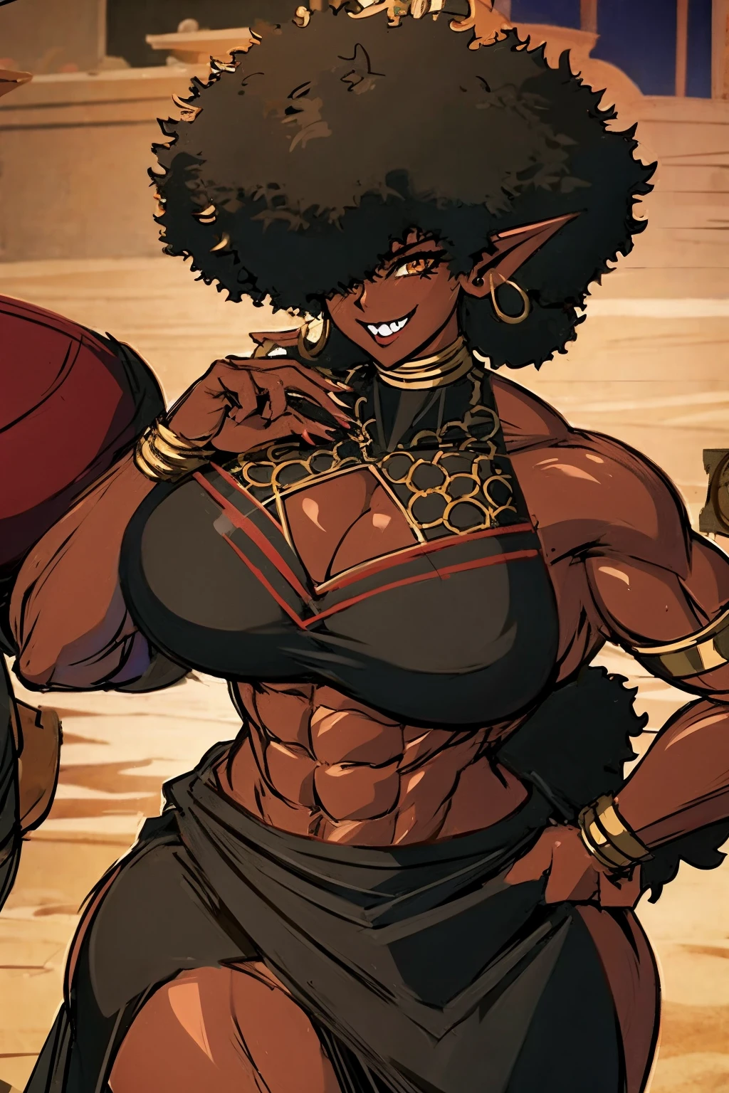 (masterpiece, best quality:1.2),1 girl, voluptuous body, full body, masterpiece, dominant pose, good anatomy, no extra limbs, big ass, thick thighs, black hair, voluminous afro, pointy ears, gold earrings, black top with red details, black skirt with red details, gold necklaces wide hips muscular female