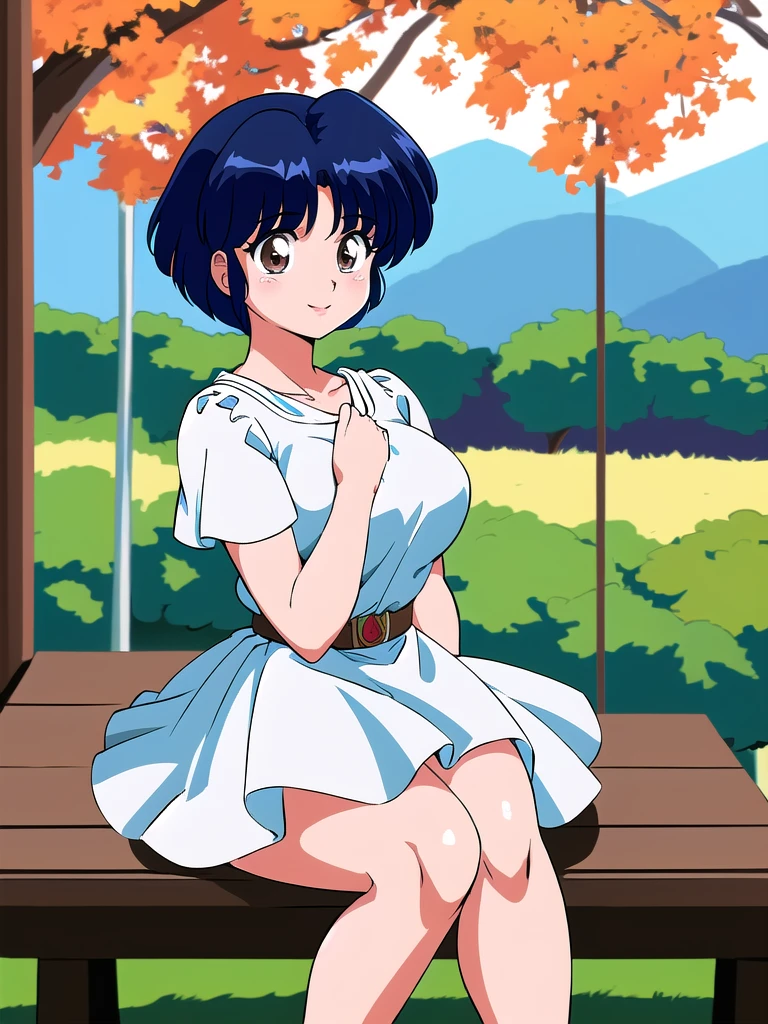 HDR, CG, sharp focus, (8k), (4k), masterpiece, best quality, detailed skin, extremely detailed, hiper detailed, sharp focus, looking at viewer, high quality, AKANE, Akane tendou, short hair, blue hair, brown eyes ,curtain pelvic DRESS, tetas grandes bush, solo, 1girl, sit on bench, park background, hands on chest, heels, white dress, cute smile, 
