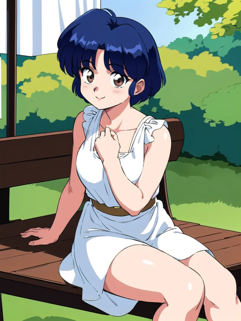 HDR, CG, sharp focus, (8k), (4k), masterpiece, best quality, detailed skin, extremely detailed, hiper detailed, sharp focus, looking at viewer, high quality, AKANE, Akane tendou, short hair, blue hair, brown eyes ,curtain pelvic DRESS, tetas grandes bush, solo, 1girl, sit on bench, park background, hands on chest, heels, white dress, cute smile,