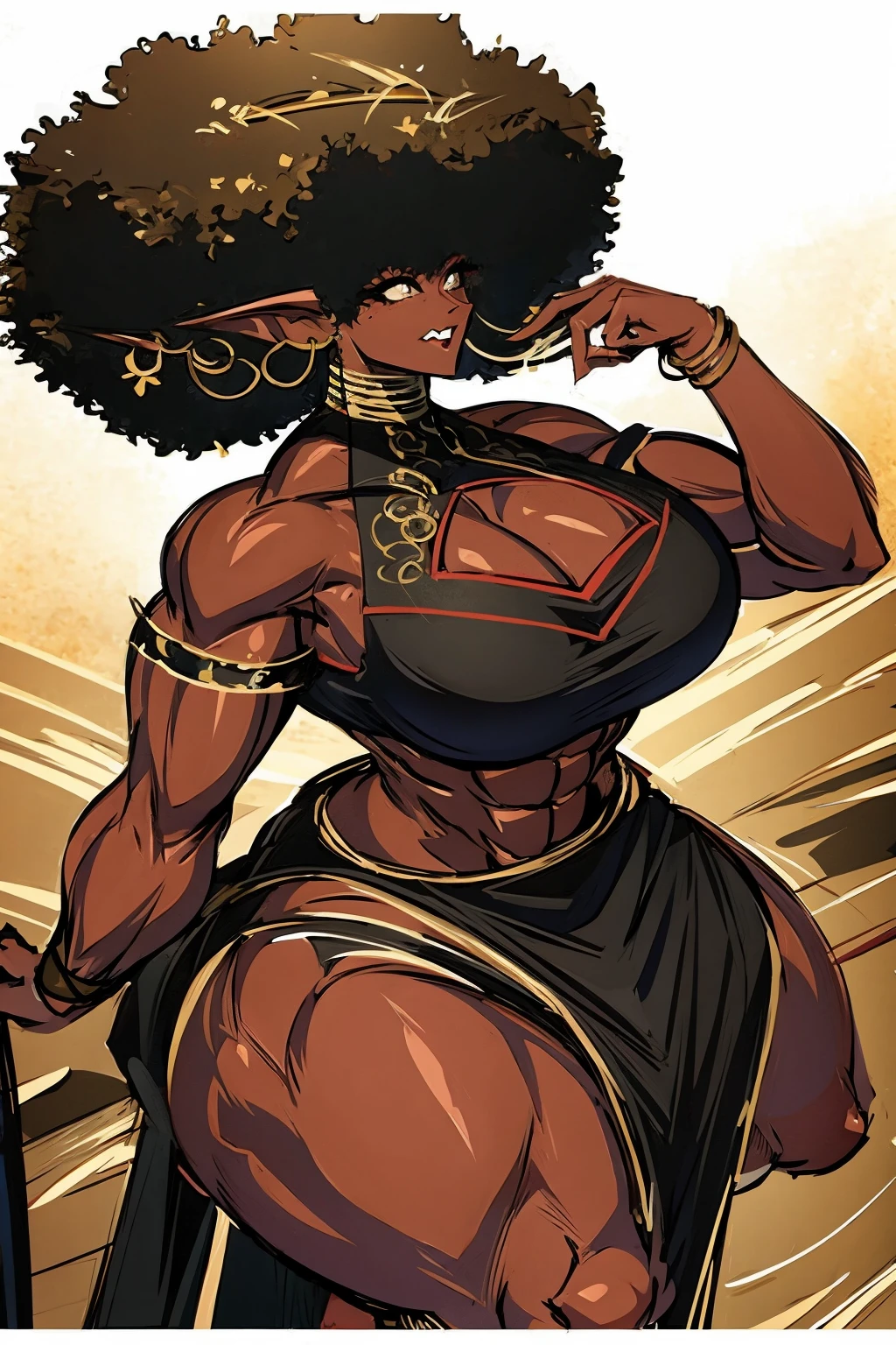 (masterpiece, best quality:1.2),1 girl, voluptuous body, full body, masterpiece, dominant pose, good anatomy, no extra limbs, big ass, thick thighs, black hair, voluminous afro, pointy ears, gold earrings, black top with red details, black skirt with red details, gold necklaces wide hips muscular female