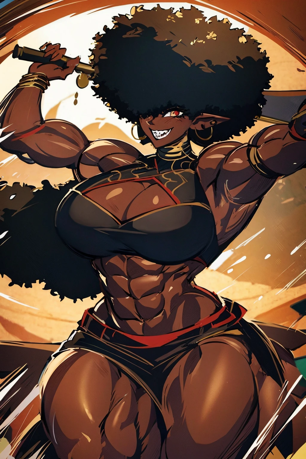 (masterpiece, best quality:1.2),1 girl, voluptuous body, full body, masterpiece, dominant pose, good anatomy, no extra limbs, big ass, thick thighs, black hair, voluminous afro, pointy ears, gold earrings, black top with red details, black skirt with red details, gold necklaces wide hips muscular female