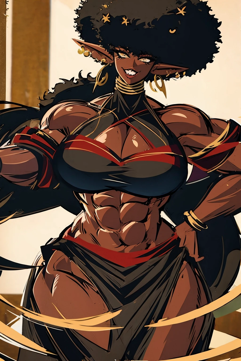 (masterpiece, best quality:1.2),1 girl, voluptuous body, full body, masterpiece, dominant pose, good anatomy, no extra limbs, big ass, thick thighs, black hair, voluminous afro, pointy ears, gold earrings, black top with red details, black skirt with red details, gold necklaces wide hips muscular female