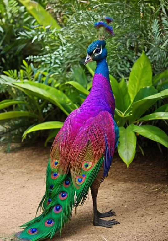 A majestic peacock displaying its colorful feathers in a lush, springtime botanical garden