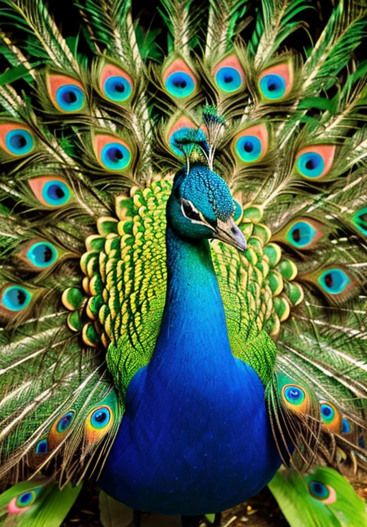 A majestic peacock displaying its colorful feathers in a lush, springtime botanical garden