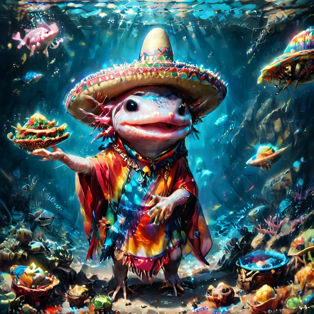 (masterpiece:1.5) axomdel2, A happy axolotl wearing sombrero and poncho, with details of tacos