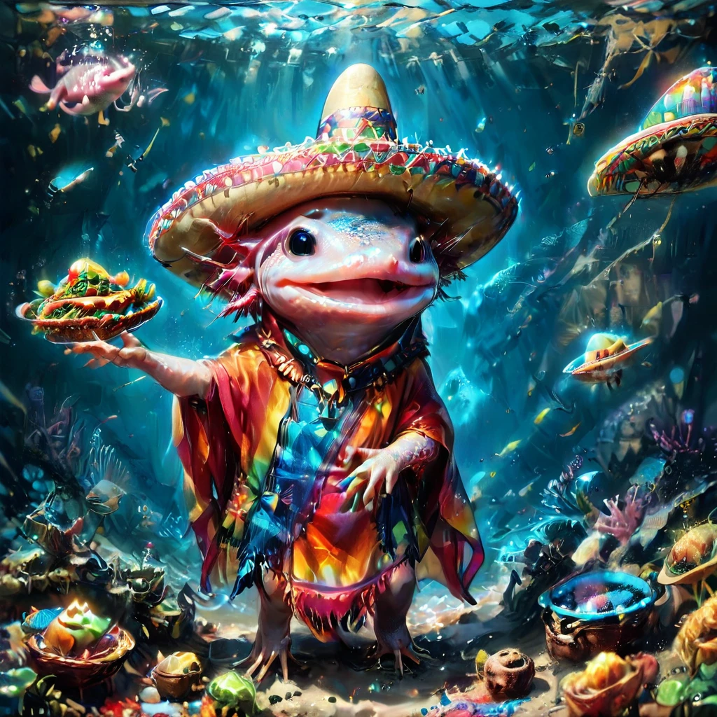 (masterpiece:1.5) axomdel2, A happy axolotl wearing sombrero and poncho, with details of tacos