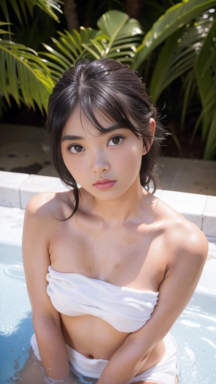 Best Quality, hight resolution, photos realistic, Detailed skin texture, Cute Girl, ((Naked)), flat chest, ar old,y, Facing the camera, slim figure, Charming gaze, japanaese girl, Fair skin, zora々appearance, Long hair, Round face, Young Face,　、Ball bokeh background、swimming pools、Portrait、