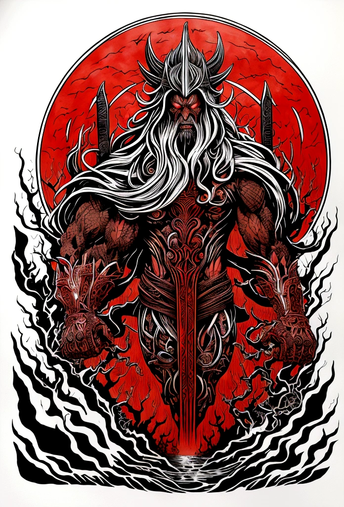 full length portrait of a monster, strong, , the body engraved with ancient runes and filled with scars and war wounds, Wrapped in a red mist and rain running down your body, holding a huge ax with a look of rage and aggressive pose. (Tetradic colors), InkPunk, Ink lines, strong outlines, Art Nouveau, art style sylestri, bold traces, unframed, high contrast, 4k