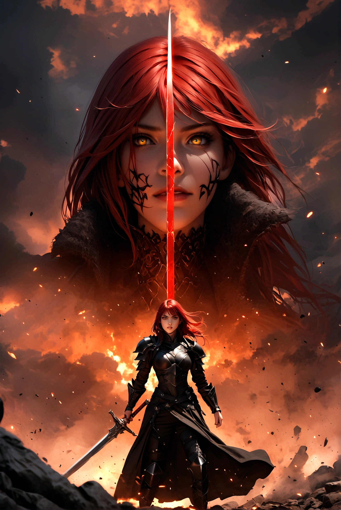 best quality,4k,8k,highres,masterpiece:1.2),ultra-detailed,(realistic,photorealistic,photo-realistic:1.37),Human inquisitor,female,long red hair,scars on face,yellow eyes,black armor,coat,majestic,arrogant,evil,dark fantasy,sword,threatening shadows,dark and ominous atmosphere,crimson background,sharp reflections on the armor,glowing runes on the sword,smoke swirling around the inquisitor,sinister expression on the face,intense gaze,haunting aura,ominous storm clouds,menacing presence,droplets of blood on the sword,ferocious stance,mysterious symbols on the armor,ashes and embers floating in the air,dramatic lighting casting deep shadows,ominous whispers in the background.