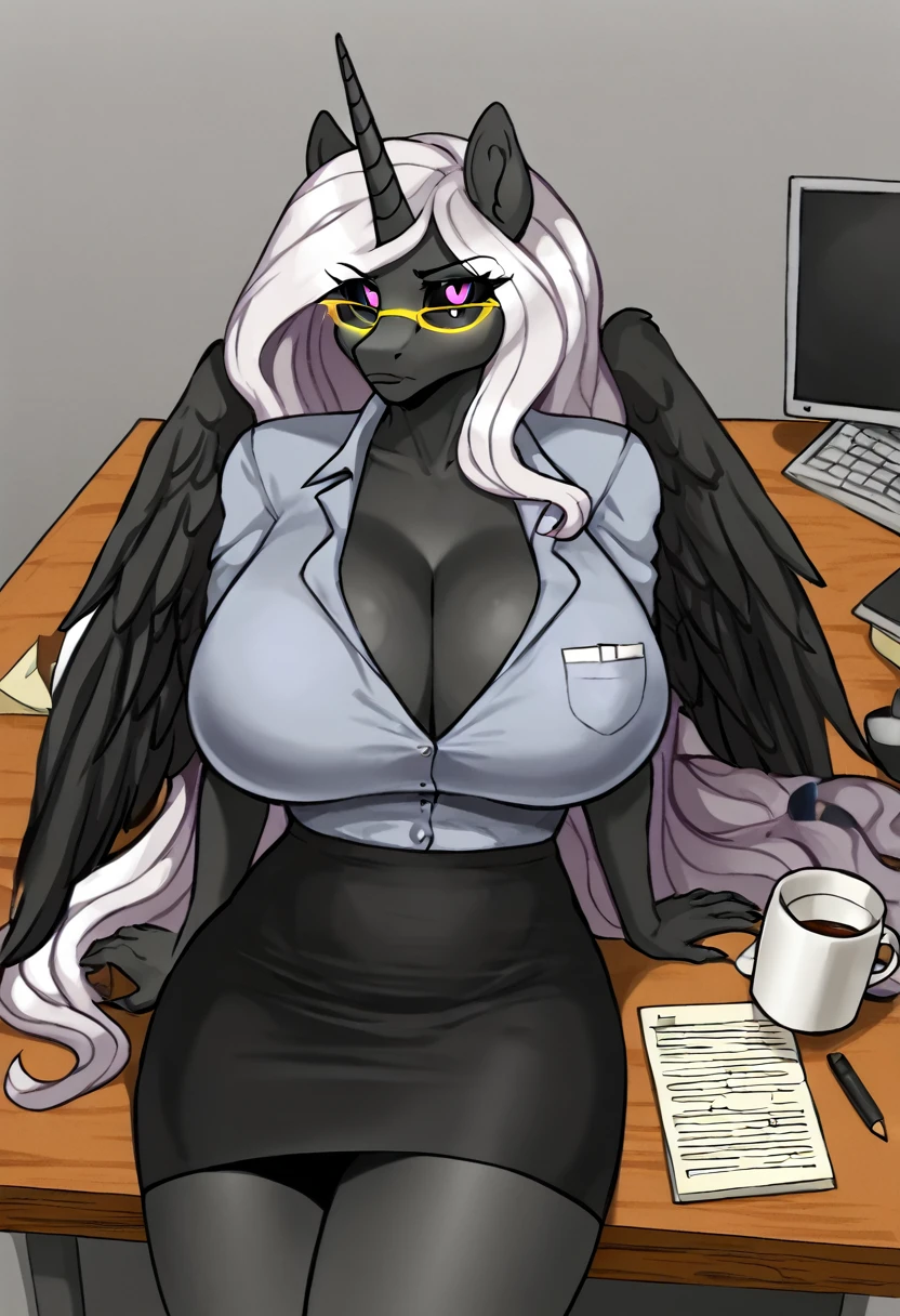 Alicorn princess, white mane,black sclera ,black body color long flowing mane pink eyes anthro huge breasts
hot for teacher yellow glasses, black skirt suit,doing paperwork ,,writing ,principal ,coffee cup on table ,computer looking at viewer ,serious look