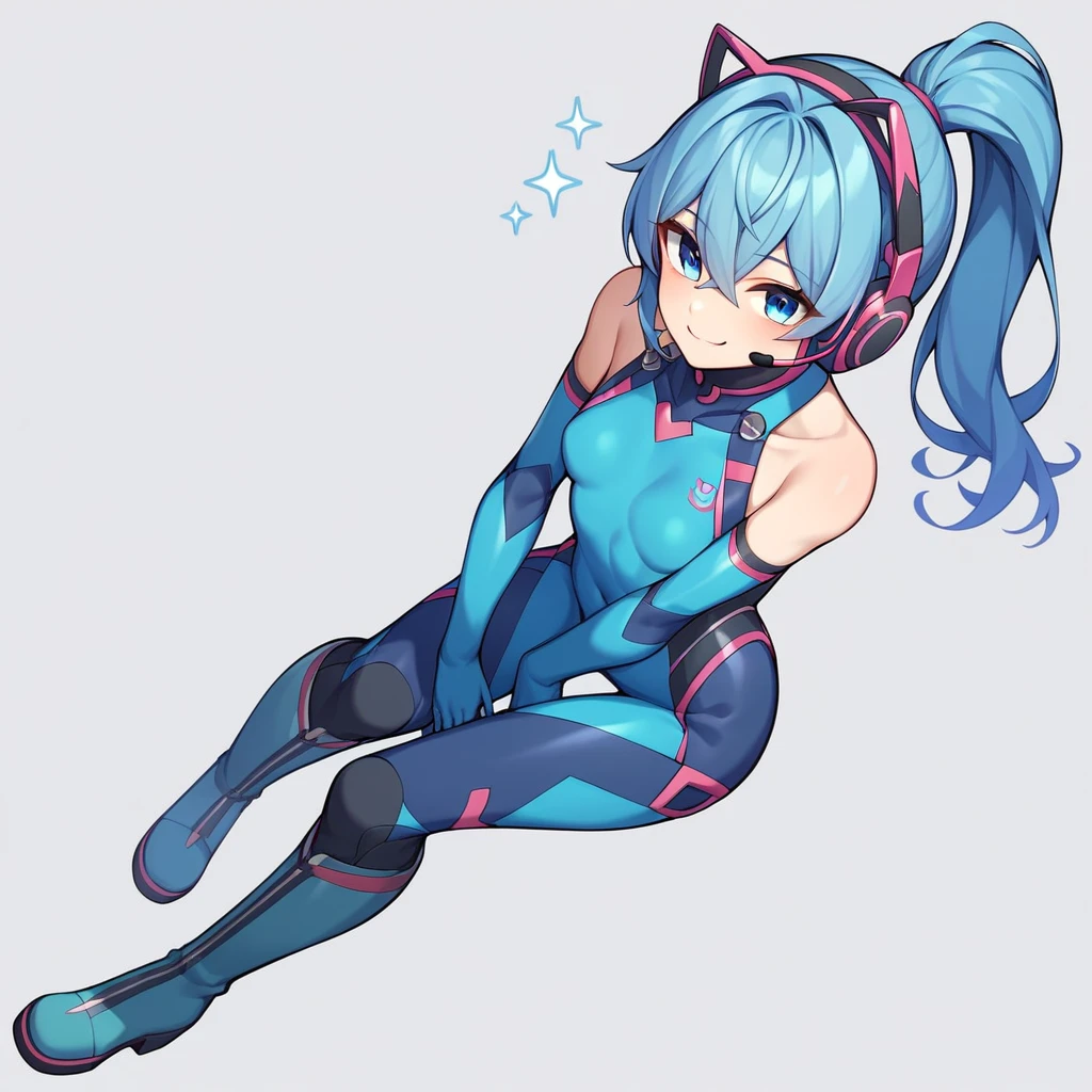 (masterpiece、Highest quality、Highest Resolution、Clear_image、Detailed details、The angle is from above): (A full-body view of a single girl with a Japanese face and small face、Navy blue high knot ponytail、Small breasts、Sparkling blue eyes、Pilot suit in white and navy blue colors、Tight fitting clothes、Clothing that covers the whole body、Tight Fit Pants、Hide your skin、Covering the thighs、Cover your shoulders、Very delicate and beautiful、Slim body、Cute、A gentle smile、Soft expression、heroine、headset、Knee-high boots、Elbow-length gloves)、(Simple Background、White background:1.5)