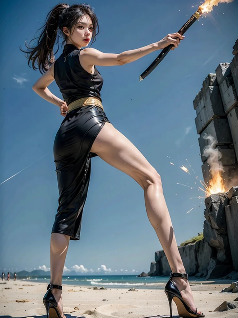 (Top quality，Ultra HD，lifelike: 1.4)，Wearing black and gold short qipao，Black high heels，High Ponytail，The girl with air bangs holds two samurai swords on beach，Close-up shot of running，Beautiful armed girl， (K-Pop Idol) ，Detailed face，opposition，Perfect anatomy，Smooth skin，Professional lighting，The task is executing，Destroy the enemy，(background，Beach，Sunny Beach，Fire， Huge explosion ) ,Full body close-up，Back to the audience，Fighting Stance