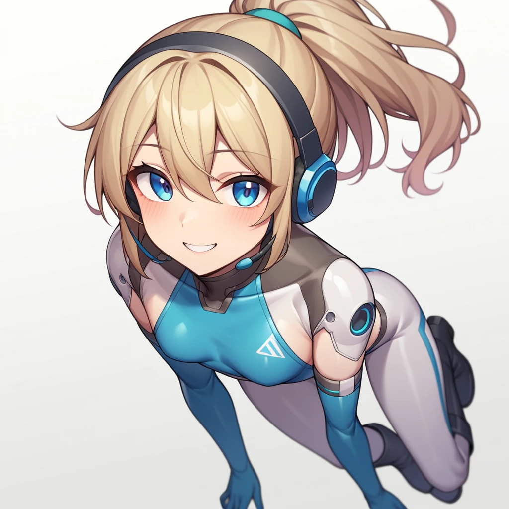 (masterpiece、Highest quality、Highest Resolution、Clear_image、Detailed details、The angle is from above): (A full-body view of a single girl with a Japanese face and small face、Navy blue high knot ponytail、Small breasts、Sparkling blue eyes、Pilot suit in white and navy blue colors、Tight fitting clothes、Clothing that covers the whole body、Tight Fit Pants、Hide your skin、Covering the thighs、Cover your shoulders、Very delicate and beautiful、Slim body、Cute、A gentle smile、Soft expression、heroine、headset、Knee-high boots、Elbow-length gloves)、(Simple Background、White background:1.5)